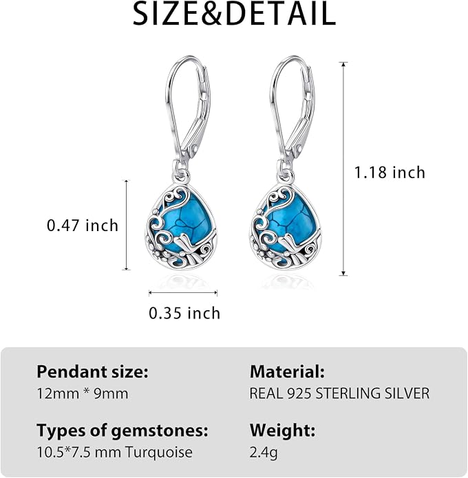 Real 925 Sterling Silver Trendy Dangle Earrings for Women | White Gold Plated | Hypoallergenic Turquoise/Black Onyx/Opal Filigree Jewelry Lightweight Celtic Lover Knot Leverback Earrings Gifts