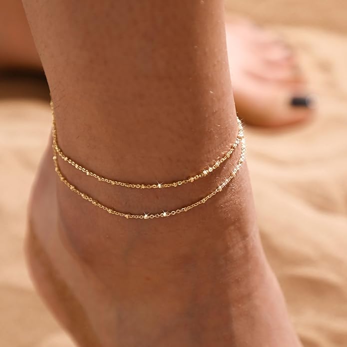 Rotnso Anklets for Women 14K Gold Silver Plated Ankle Bracelets Trendy Waterproof Boho Anklets Set Adjustable Dainty Cute Diamond Beaded Heart Non Tarnish Summer Beach Jewelry Gift