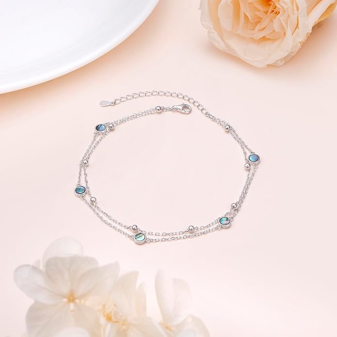 Flyow Anklet for Women S925 Sterling Silver Adjustable Foot Beaded Heart Charm Ankle Bracelet Anklets Jewelry