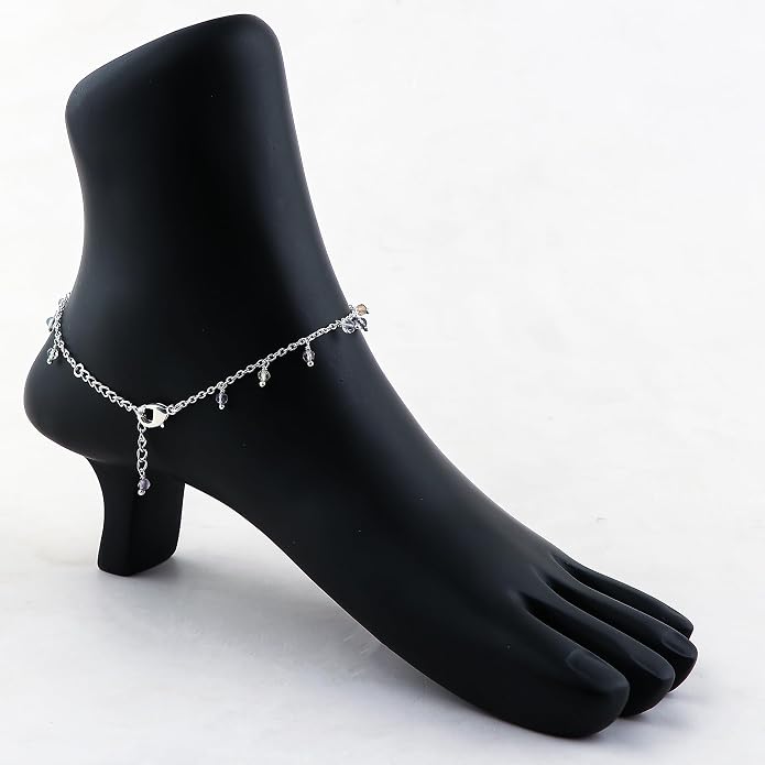 Natural Gemstone Beaded Dangle Anklets, Handmade Bohemian Jewelry, Micro-Faceted Stones Wicca & Reiki Healing Crystals, Silver Ankle Bracelet, Christmas Gift for Women, 9+1.50inch