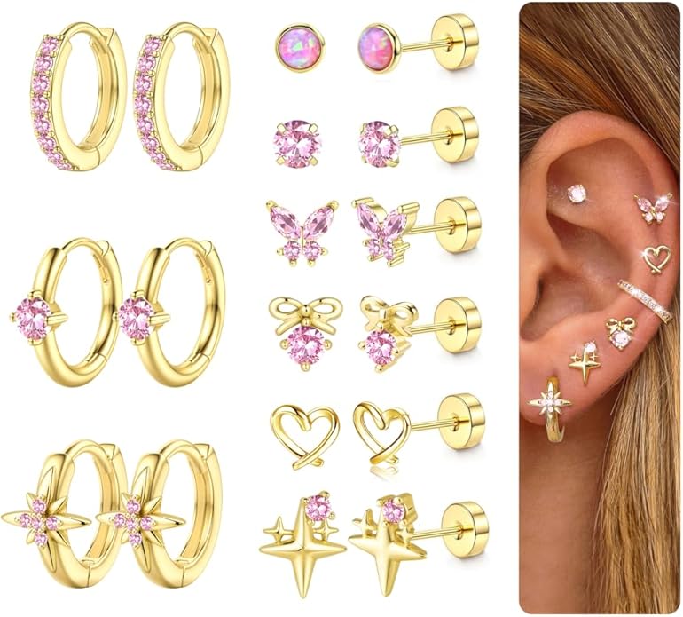 Kakonia Hypoallergenic Flat Back Earrings for Women Men Surgical Steel Earring for Sensitive Ears, 14K Gold Plated Stainless Steel Flatback Stud Hoop Cartilage Earring Stacks for Multiple Piercing
