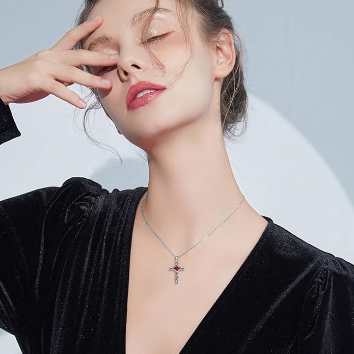 TOUPOP Cross Birthstone Necklace for Women 925 Sterling Silver Heart Cross Pendant I Love You Jewelry Anniversary Birthday Mothers Day Gifts for Mom Wife Her