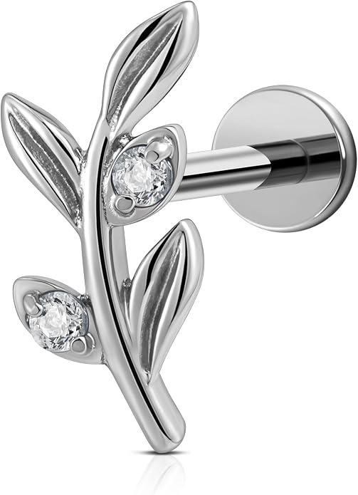 FINE4U 1PC Leaf Flat Back Stud Flat, Helix, Conch, Tragus 6mm 8mm - ASTM F136 Titanium Screw on Body Piercing Jewelry