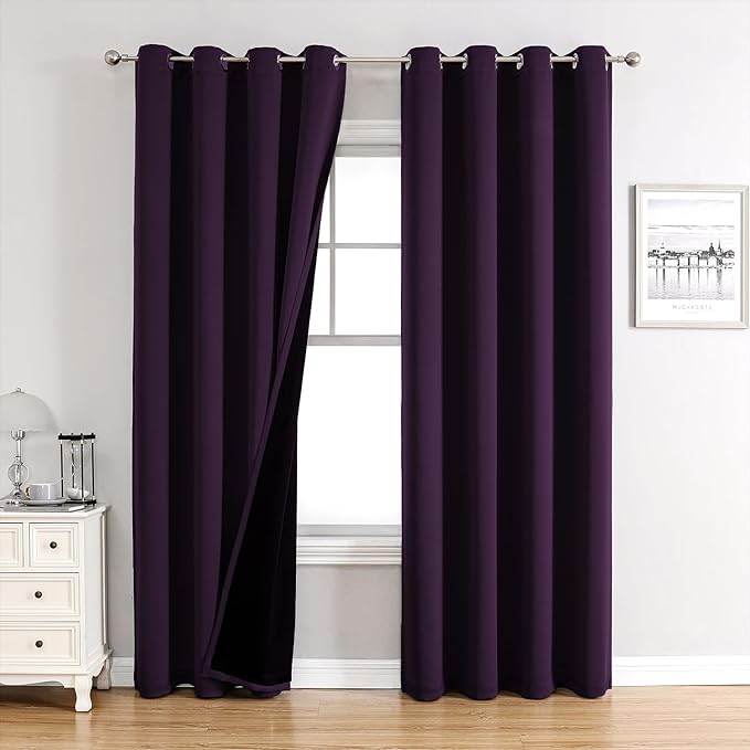 ChrisDowa 100% Blackout Curtains for Bedroom 90 Inches Long 2 Panels Set | 2 Thick Layers, Thermal Insulated, Light Blocking, Grommet, Window Treatment, Living Room Drapes, Royal Purple, 52 x 90 Inch