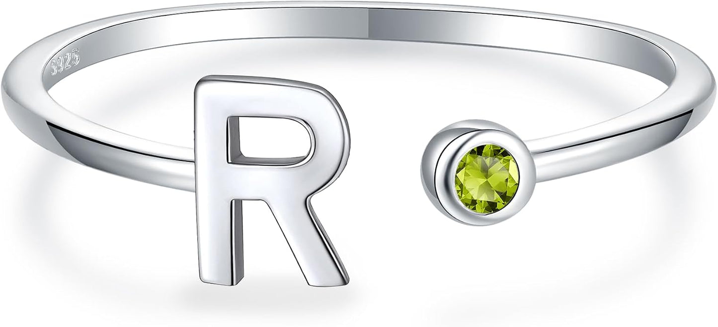 925 Sterling Silver Initial Letter Birthstone Rings for Women Adjustable 1-12 Month Birthstone Alphabet Stacking Ring for Teens Girls Stackable Birthstone Rings Birthday Jewelry Gift for Daughter Mom