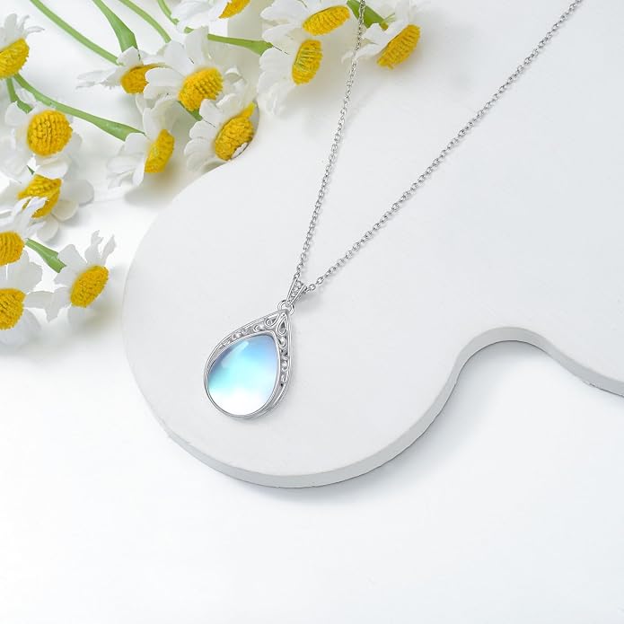 HPQQ Teardrop Necklace 925 Sterling Silver Filigree Gemstone Pendant Necklace Fine Jewelry Birthday Mother's Day Gifts for Women Her Mom
