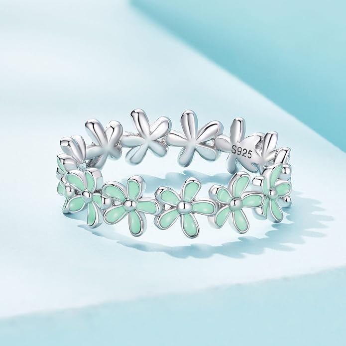 MUNDELL 925 Sterling Silver Dainty Daisy Rings Blue Flower Finger Rings for Women Stacking Promise Rings Fine Jewelry