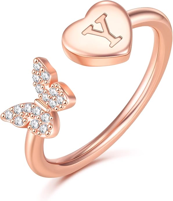 Initial Ring for Women Teens, Gold Plated Butterfly Heart Letter K Open Adjustable Ring, Dainty Alphabet Ring Jewelry Gift for Birthday
