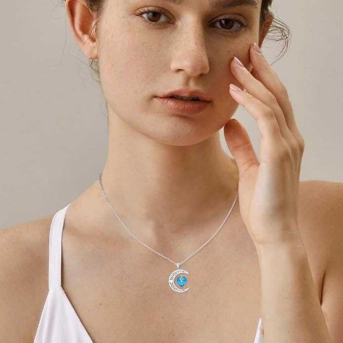 TRISHULA Crescent Moon Necklace 925 Sterling Silver Eye of Horus Animal Moon Pendant with Heart Crystal Birthday Jewelry Gift for Women Christmas Gifts for Her
