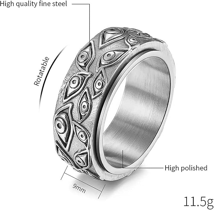 Men's Stainless Steel Eye of God Ring Band All Seeing Eye Spinner Rings Black Silver Vintage Jewelry Size 5 to 14