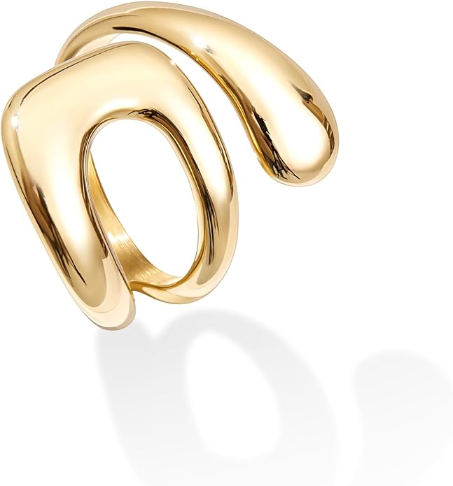 Gelbesty Waterproof Gold Statement Rings for Women, 14K Gold Plated Chunky Open Stackable Rings Non Tarnish Fashion Adjustable Stainless Steel Pinky Knuckle Signet Vintage Ring Jewelry Size 5-11