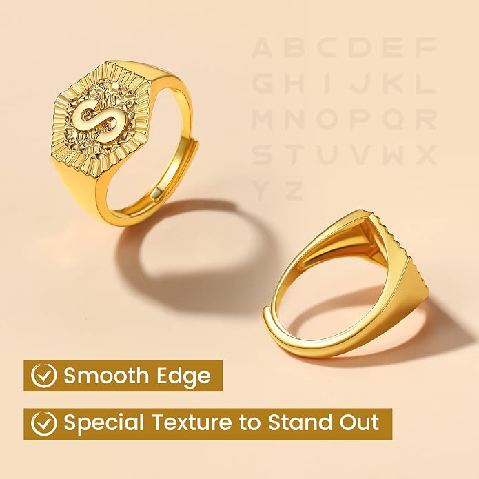 KeyStyle Bold Initial Letter Rings Adjustable, GoldChic Jewelry Women Gold Statement Ring Personalized Engraved Women’s Open Signet Ring for Party (Gold, White Gold, Black)