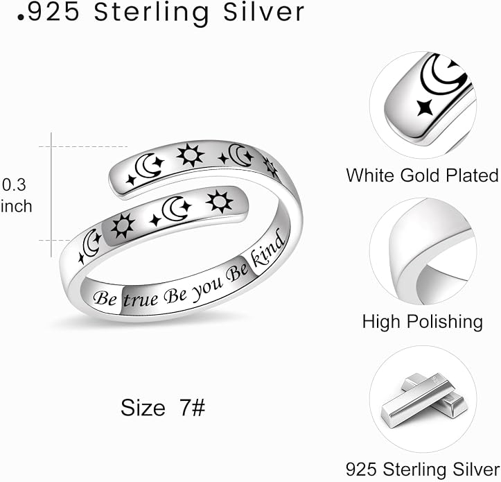 BEILIN 925 Sterling Silver Inspirational Jewelry Rings Adjustable Ring Personality Encouragement Gift for Teens Women