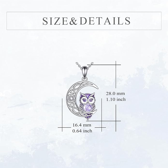 Owl Birthstone Necklace Sterling Silver Celtic Moon Pendant Cubic Zirconia Owls Jewelry Birthday Gifts for Women Men