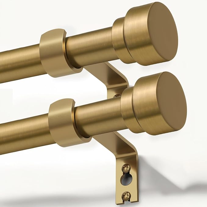 Lootkell 2 Pack Warm Gold Curtain Rods for Windows 66 to 120 Adjustable Length Heavy Duty 1" Diameter Brass Window Rod with Solid Metal Finials for Outdoor Farmhouse Bedroom Kitchen Living Room