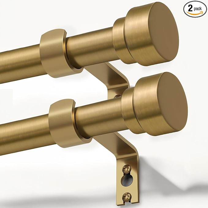 Lootkell 2 Pack Warm Gold Curtain Rods for Windows 72 to 144 Adjustable Length Heavy Duty 1" Diameter Brass Window Rod with Solid Metal Finials for Outdoor Farmhouse Bedroom Kitchen Living Room