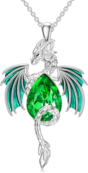 Dragon Necklace for Men Sterling Silver Birthstone Wyvern Necklace Embllished with Teardrop Shaped Crystal Jewelry for Women