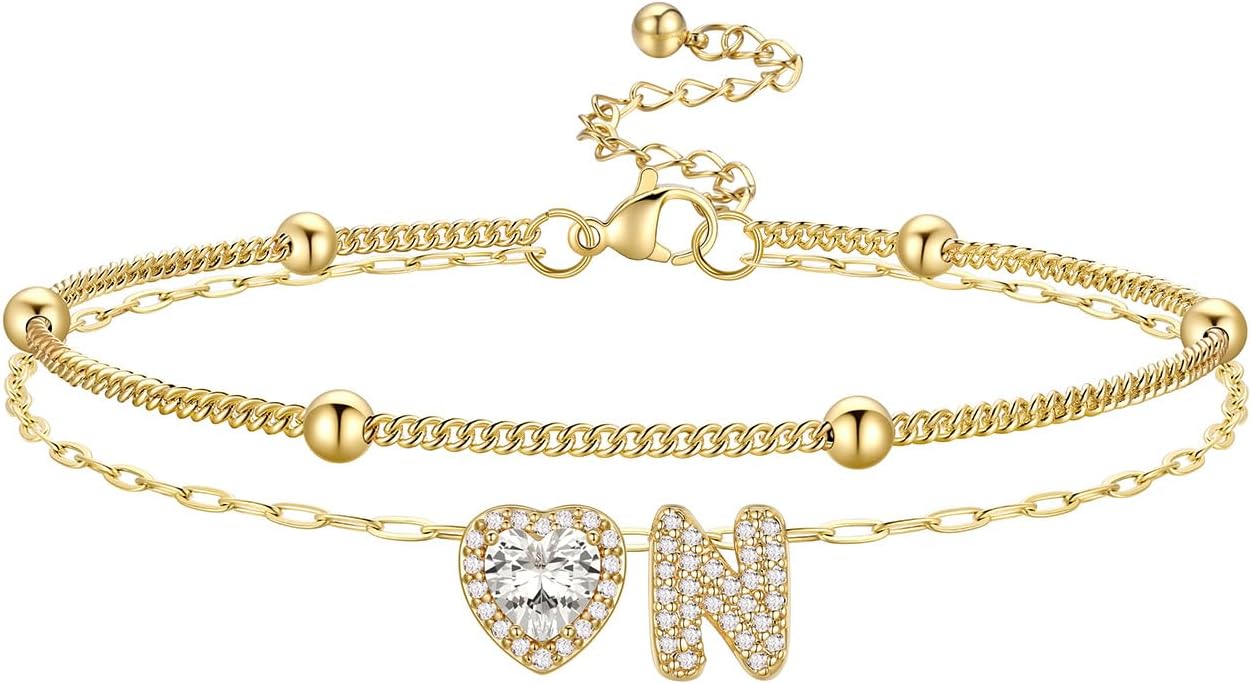 Bestyle Initial Anklet Bracelets for Women Waterproof Non Tarnish 14K Gold/White Gold Plated CZ Anklets for Women Dainty Layered Letter Heart Ankle Bracelets Adjustable Foot Chain Anklet