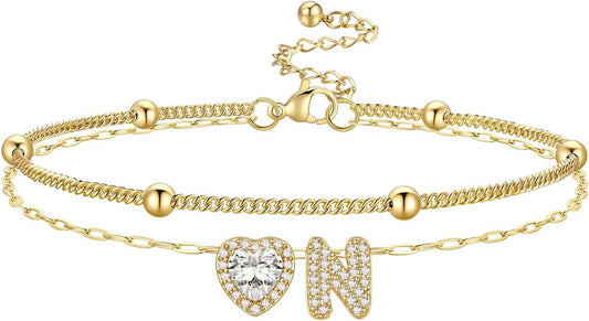 Bestyle Initial Anklet Bracelets for Women Waterproof Non Tarnish 14K Gold/White Gold Plated CZ Anklets for Women Dainty Layered Letter Heart Ankle Bracelets Adjustable Foot Chain Anklet