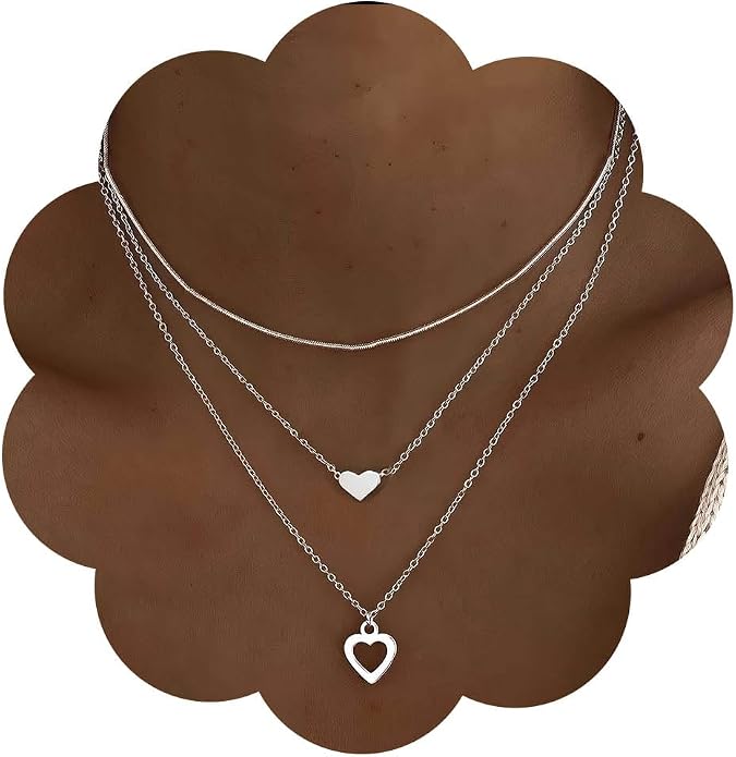 Boho Wedding Layered Tiny Heart Necklace Silver Dainty Mini Heart Pendant Necklace Cute Small Love Shaped Choker Simple Thin Chain Stacked Short Collar Delicate Minimalist Jewelry for Women