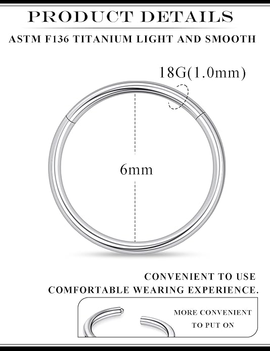 20G 18G 16G 14G 12G 10G 8G 6G 4G 2G Nose Rings Hoops Astm F136 Titanium Clicker Septum Lip Ring Tragus Helix Daith Rook Conch Snug Cartilage Lobe Earrings Hoop Piercing Jewelry For Women Men