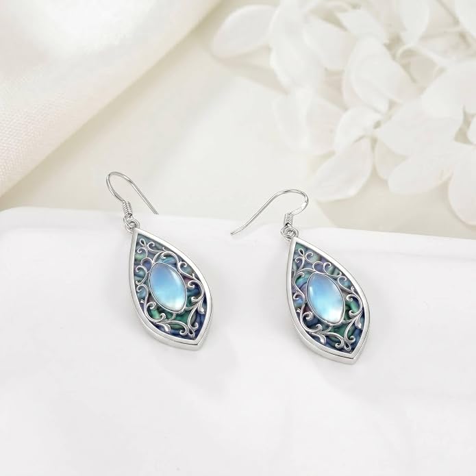 Filigree Earrings Boho Teardrop Dangle Earrings with Moonstone Blue Enamel Drop Earrings Vintage Jewelry Gift for Women