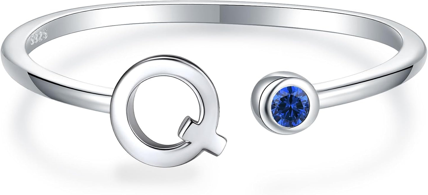 925 Sterling Silver Initial Letter Birthstone Rings for Women Adjustable 1-12 Month Birthstone Alphabet Stacking Ring for Teens Girls Stackable Birthstone Rings Birthday Jewelry Gift for Daughter Mom