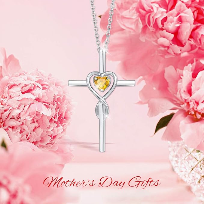 FANCIME Birthstone Cross Necklace for Women Birthstone Necklace Heart Infinity Cross Pendant Necklace Fine Jewelry Christmas Birthday Holiday Gifts for Her, 16"+2" Inches