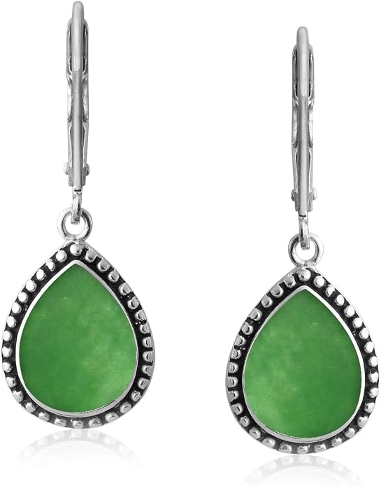 Bling Jewelry Boho Western Style Milgrain Setting Semi Precious Gemstones Lapis Turquoise Jade Onyx Quartz Pear Shaped Teardrop Lever Back Dangle Drop Earrings Teen Oxidized .925 Sterling Silver