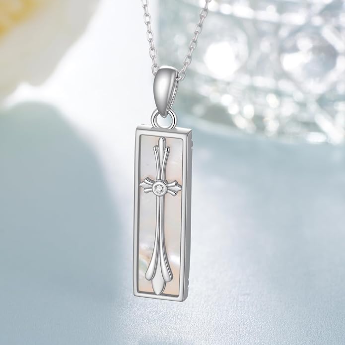 Mother of Pearl Shell Pendant Necklace 925 Sterling Silver Cross Necklace Mother of Pearl Jewelry Gift for Women