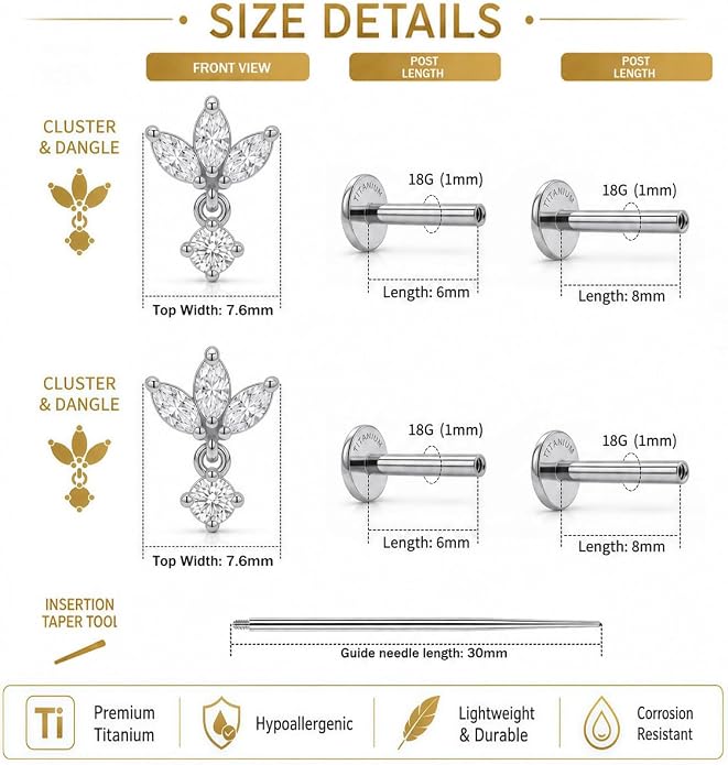 YACHY G23 Titanium Flat Back Stud Earrings, Internally Threaded Screw-On Hypoallergenic Body Piercing Jewelry for Everyday Wear, Tragus Helix Conch Monroe Medusa Lip, 18G 6mm 8mm