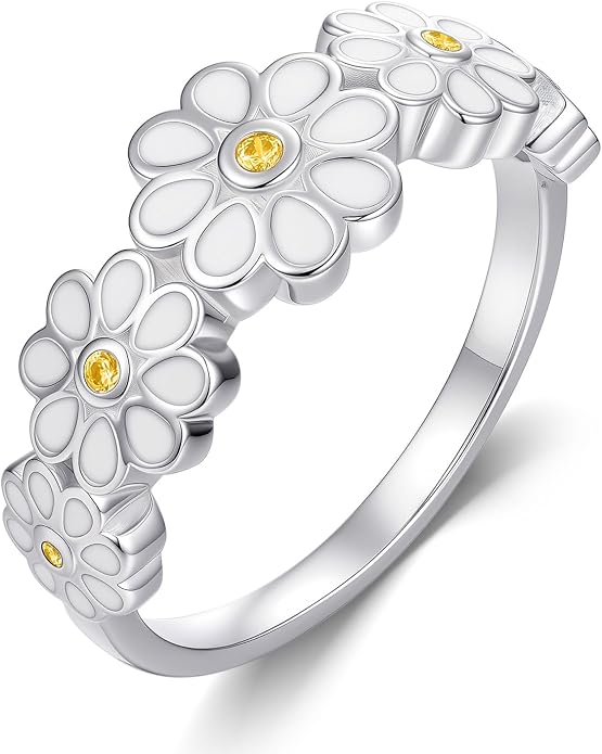 Daisy Rings for Women,925 Sterling Silver Daisy Flower Ring,Sunflower Stacking Statement Band Jewelry Gifts for Graduation Birthday