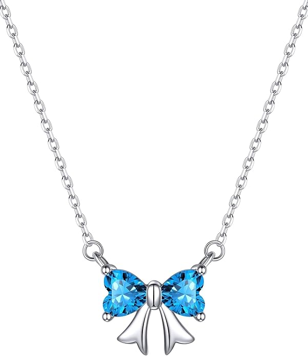 ChicSilver Bow and Cat Birthstone Necklace, 925 Sterling Silver Pendant Necklaces for Women, Hypoallergenic Silver Choker with 16 inch Rolo Chain, 12 Months Jewelry for Valentines Mothers Day Christmas