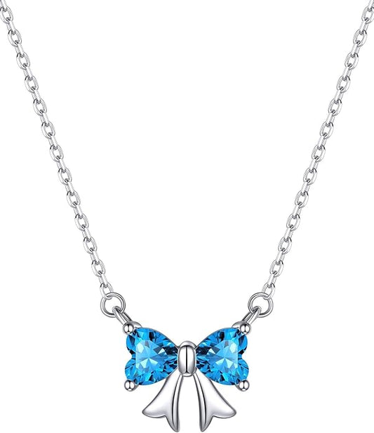 ChicSilver Bow and Cat Birthstone Necklace, 925 Sterling Silver Pendant Necklaces for Women, Hypoallergenic Silver Choker with 16 inch Rolo Chain, 12 Months Jewelry for Valentines Mothers Day Christmas
