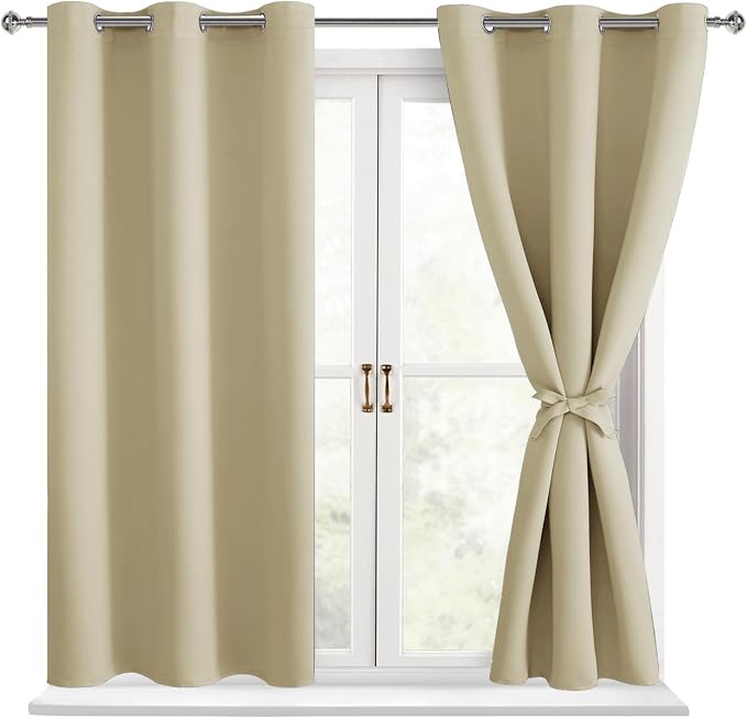 Hiasan Blackout Curtains for Bedroom - Thermal Insulated & Light Blocking Window Curtains for Living Room, 2 Drape Panels Sewn with Tiebacks, Light Beige, 38 x 54 Inch