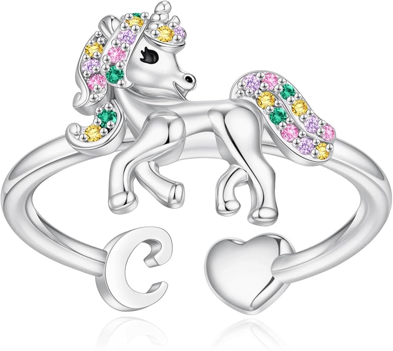Unicorn Initial Rings for Teen Girls, Rose Gold/White Gold Plated Heart Initial Rings for Girls Adjustable Stackable Rings for Women Diny Heart Ring for Teen Girls Gifts Unicorns Gifts for Girls