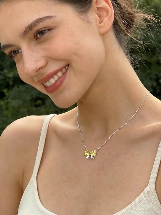 ChicSilver Bow and Cat Birthstone Necklace, 925 Sterling Silver Pendant Necklaces for Women, Hypoallergenic Silver Choker with 16 inch Rolo Chain, 12 Months Jewelry for Valentines Mothers Day Christmas