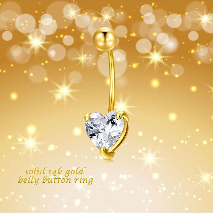Solid 14K Gold Belly Button Rings for Women 14G 16G Clear CZ/Opal Navel Rings Gold Dangle Belly Button Piercing Jewelry Gift for Women