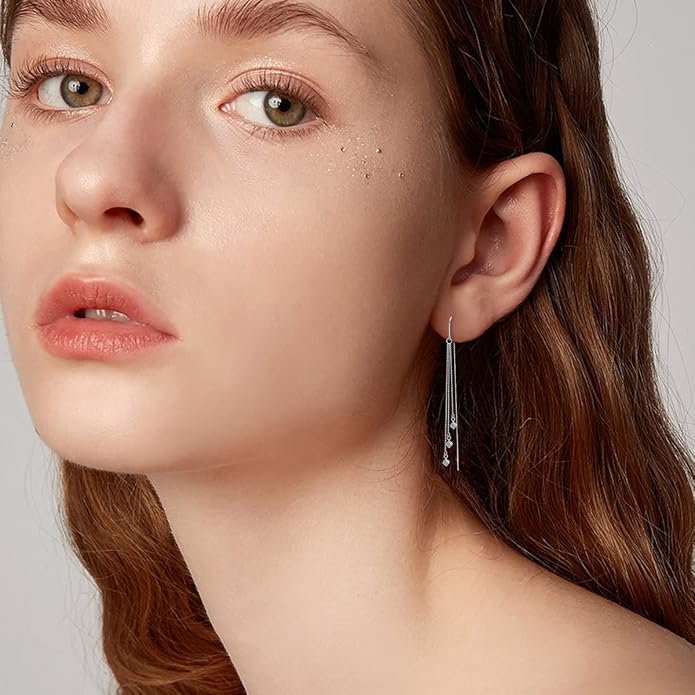 Sterling Silver Threader Earrings Flower Heart Moon Star Tiny Cube Rhombus Sector Beads Dream Catcher Evil Eye Butterfly Leaf Lightning Bolt Tassel Dangle Drop Chain Charm Earrings Jewelry Gifts for Women
