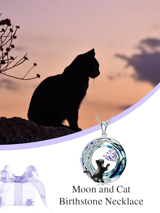 TOUPOP Cat Gifts for Cats Lovers 925 Sterling Silver Black Cat Necklace Celtic Moon Birthstone Jewelry for Women Anniversary Birthday Gift for Her Wife Mom