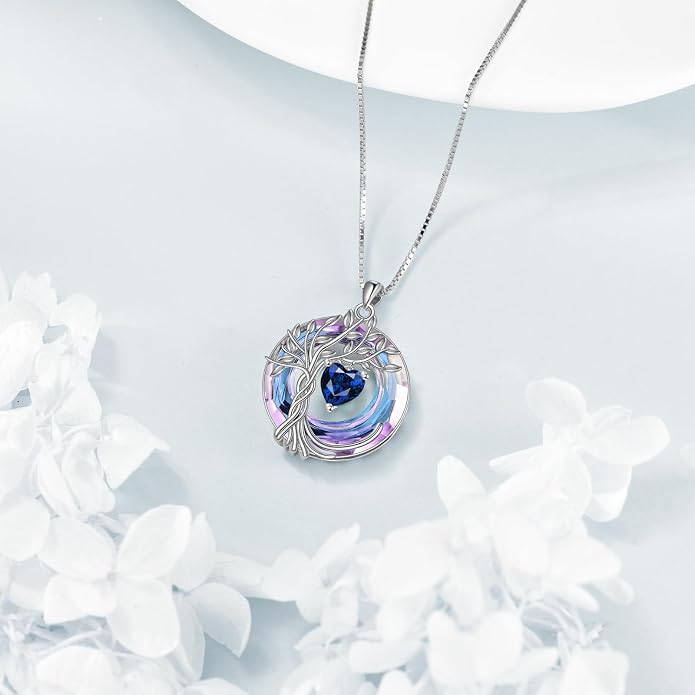 POPLYKE Mothers Day Gifts for Mom Her Wife Tree of Life Necklace 925 Sterling Silver Birthstone Pendant with Crystal Anniversary Birthday Wedding Jewelry for Women