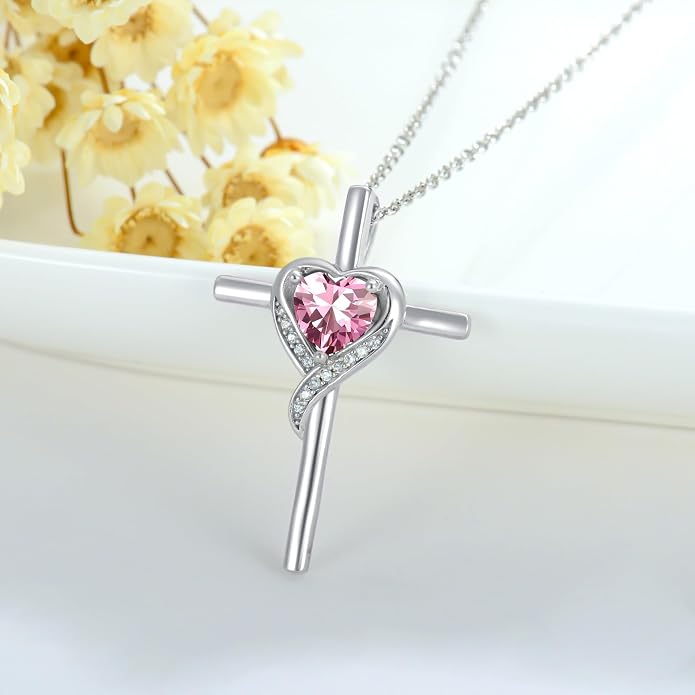 TOUPOP Birthstone Cross Necklace for Women 925 Sterling Silver Heart Cross Pendant Necklace Mothers Day Birthday Jewelry Gifts for Mom Wife Her