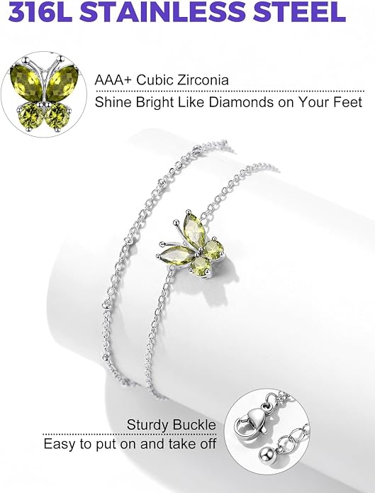 Richsteel Double Layer Heart/Butterfly Birthstone Anklet for Women Non Tarnish Waterproof, Silver/Gold/Black Stainless Steel 8.5-10.5 Inch Adjustable Chain Anklets Jewelry Gifts for Her