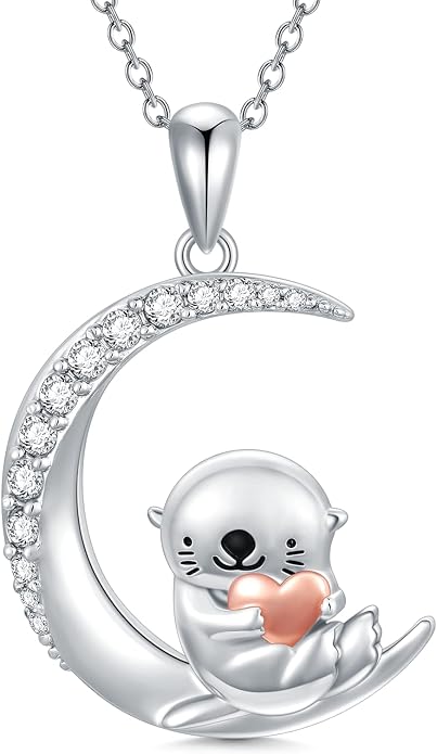 PROESS Animal Birthstone Necklace 925 Sterling Silver Otter/Axolotl/Hippo/Elephant/Dachshund/Monkey/Red Panda Pendant Necklace Animal Birthstone Jewelry Gifts for Women