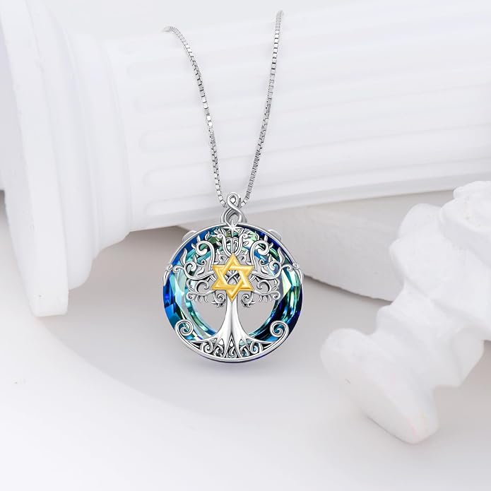 TOUPOP Tree of Life Necklace 925 Sterling Silver Celtic Knot Tree Pendant Jewelry with Blue Crystal Christmas Gifts for Women
