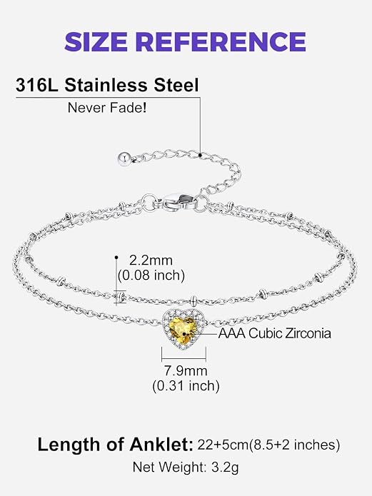 Richsteel Double Layer Heart/Butterfly Birthstone Anklet for Women Non Tarnish Waterproof, Silver/Gold/Black Stainless Steel 8.5-10.5 Inch Adjustable Chain Anklets Jewelry Gifts for Her