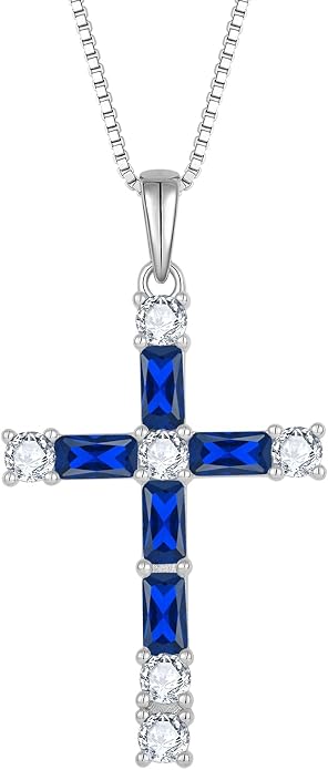 Birthstone Cross Necklace for Women 925 Sterling Silver Christian Religious Crucifix Pendant Rectangular Cut Birthstone Jewelry Gifts for Her