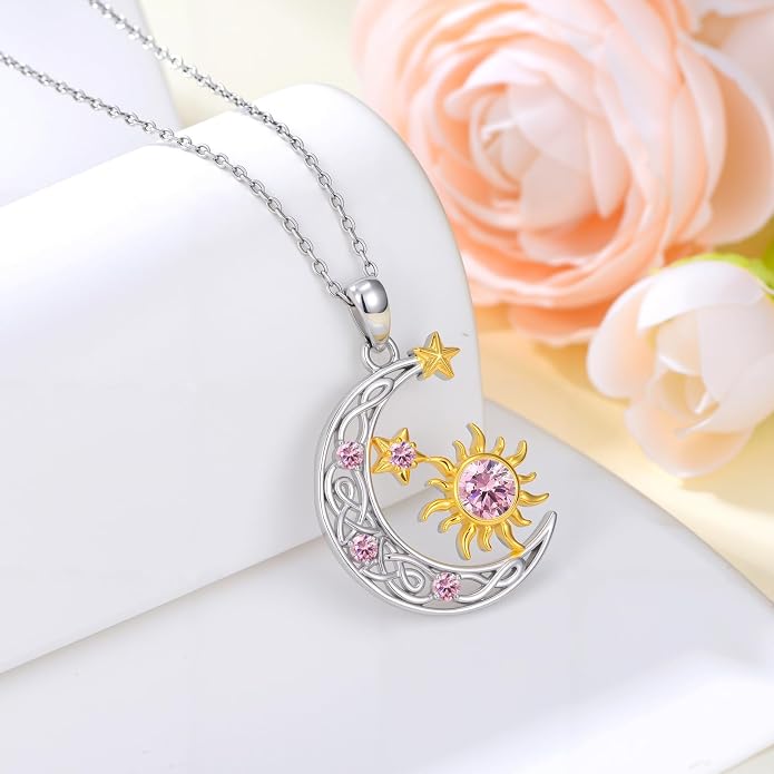 PELOVNY Sun and Moon Necklace for Women 925 Sterling Silver Sun Moon Star Birthstone Pendant Necklaces Birthday Christmas Jewelry Gifts for Mom Daughter Wife Sister