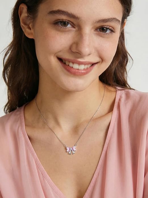 ChicSilver Bow and Cat Birthstone Necklace, 925 Sterling Silver Pendant Necklaces for Women, Hypoallergenic Silver Choker with 16 inch Rolo Chain, 12 Months Jewelry for Valentines Mothers Day Christmas