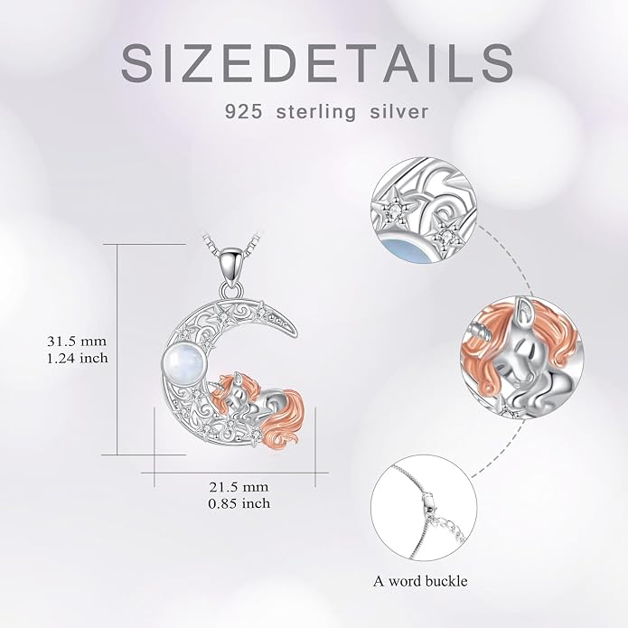 Crescent Moon Necklace with Unicorn, 925 Sterling Silver Natural Moonstone Pendant, Celestial Fantasy Jewelry Gift for Women